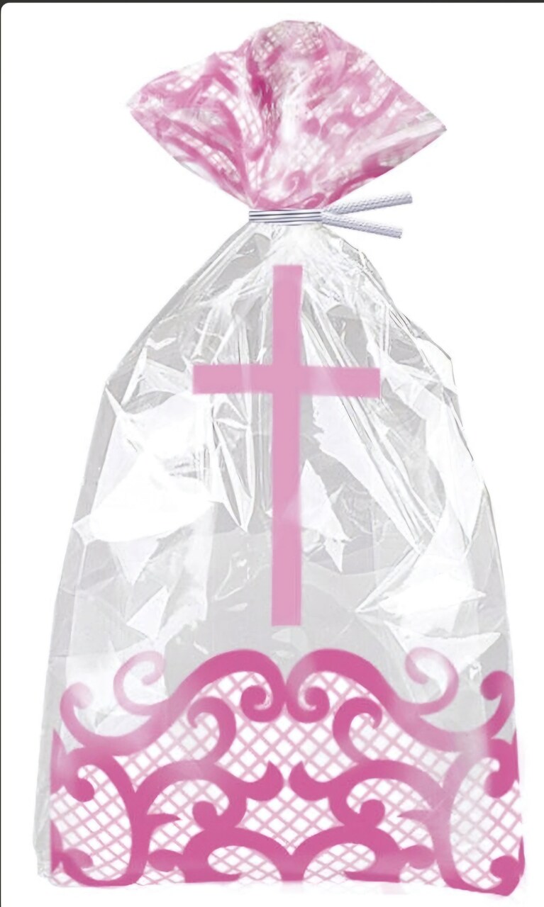 Fancy Pink Cross 20 Ct Cello Treat Bags Plastic 11 x 5 inches